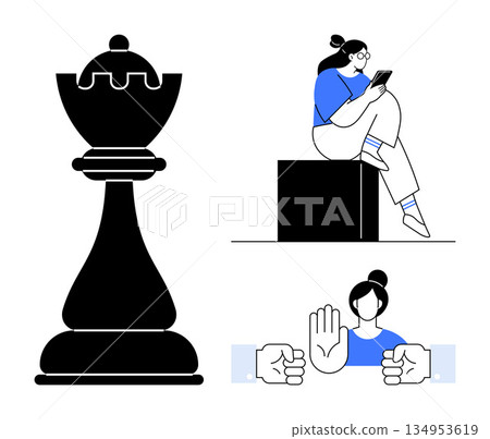 Strategy, technology, prevention, online safety, decision-making, digital communication. Black chess piece, woman on mobile hands signaling stop. Strategy and prevention theme Strategy, technology, prevention, online safety, decision-making, digital communication. Black chess piece, woman on mobile hands signaling stop. Strategy and prevention theme 134953619