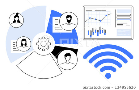 Business strategies, remote work, team management, data sharing, tech integration, network optimization. Graphs, charts personas and wireless icon. Team management and data sharing concept Business strategies, remote work, team management, data sharing, tech integration, network optimization. Graphs, charts personas and wireless icon. Team management and data sharing concept 134953620