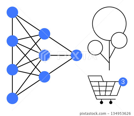 Artificial intelligence, e-commerce, machine learning, online shopping, neural computing, digital economy. Neural network structure, tree and cart icons. Artificial intelligence and e-commerce Artificial intelligence, e-commerce, machine learning, online shopping, neural computing, digital economy. Neural network structure, tree and cart icons. Artificial intelligence and e-commerce 134953626