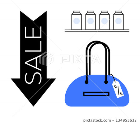 Black Friday, retail marketing, e-commerce, promotions, shopping discounts, price cuts. Downward arrow labeled sale, handbag with tag row of products. Retail marketing and e-commerce concept 134953632