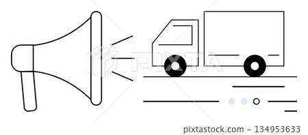 Marketing campaigns, delivery services, logistics management, promotions, ecommerce, communication. A megaphone next to a delivery truck. Marketing campaigns and delivery services 134953633