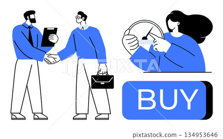 Business development, trade agreements, consumer finance, customer behavior, e-commerce, teamwork. Two men shaking hands woman pointing to a speedometer on a buy button. Business development 134953646