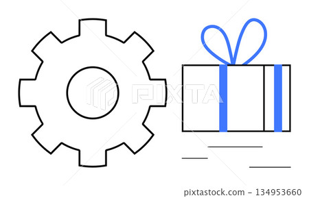 Innovation, teamwork, gift giving, productivity, process, creativity. Black gear and blue ribbon gift box side by side. Highlights innovation and teamwork 134953660