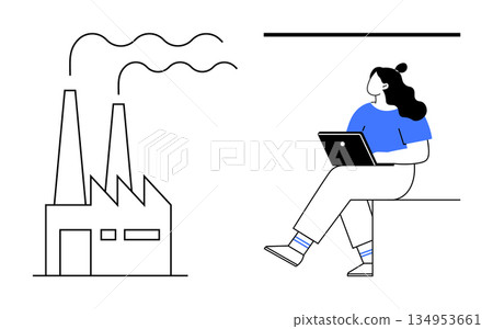 Remote work, sustainability, air pollution, environmental impact, industry trends, modern technology. Woman holding a laptop sitting near factory emitting smoke. Remote work and sustainability 134953661