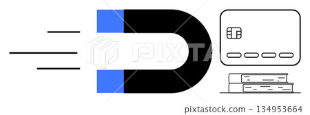 Financial literacy, learning tools, monetary value, digital transactions, economic awareness, education. A magnet pulling toward a credit card and books. Financial literacy and learning tools concept 134953664