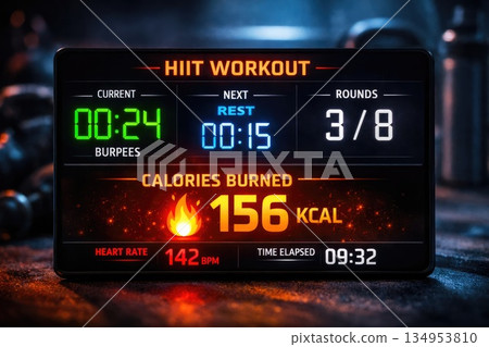 HIIT Workout Digital Display Showing Calories Burned, Heart Rate and Training Progress HIIT Workout Digital Display Showing Calories Burned, Heart Rate and Training Progress 134953810