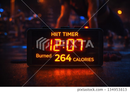 HIIT Training Timer Display Showing Burned Calories During Intense Workout Session HIIT Training Timer Display Showing Burned Calories During Intense Workout Session 134953813