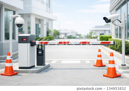 Modern Security Entrance Barrier with Surveillance Cameras and Access Control 134953832