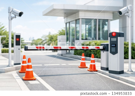 Automated Parking Access Barrier with CCTV Cameras in Office Complex 134953833