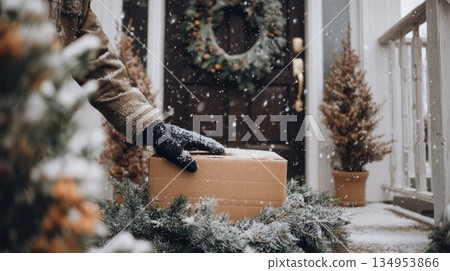 Courier Delivering Package to House in Winter, Holiday Home Delivery Concept 134953866