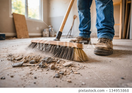 Construction Worker Sweeping Debris on Renovation Floor Construction Worker Sweeping Debris on Renovation Floor 134953868