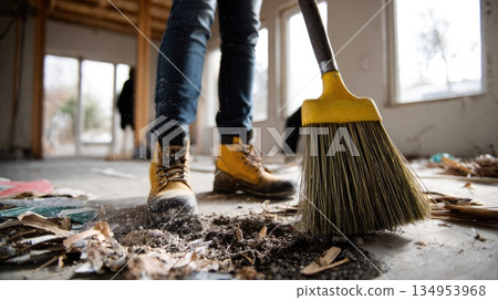 Construction Worker Sweeping Debris During Home Renovation Construction Worker Sweeping Debris During Home Renovation 134953968