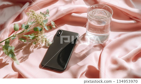 Modern Smartphone on Soft Pink Fabric with Flowers and Glass of Water, Minimal Lifestyle Composition 134953970