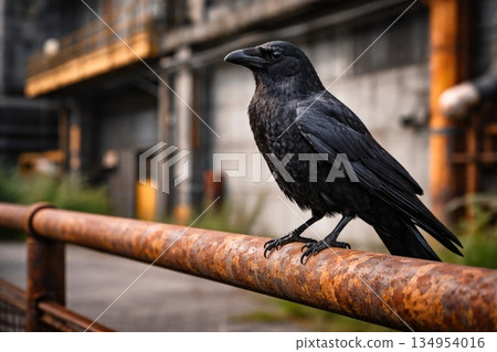 Black Raven Perched on Rusty Metal Rail in Industrial Urban Environment 134954016