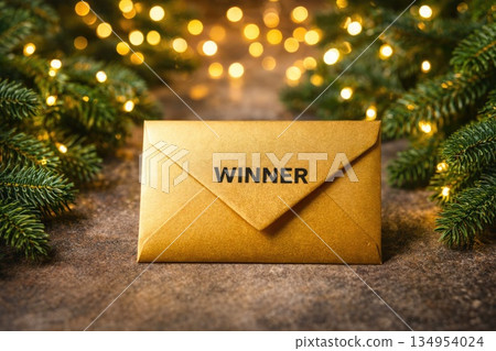Golden Winner Envelope with Festive Lights and Fir Branches Golden Winner Envelope with Festive Lights and Fir Branches 134954024
