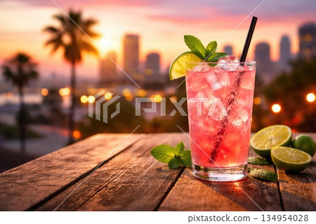 Pink Citrus Cocktail with Ice at Sunset City View Pink Citrus Cocktail with Ice at Sunset City View 134954028