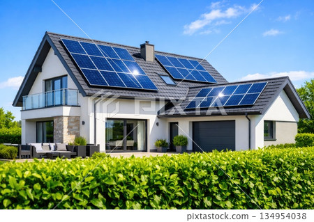 Modern Family House with Solar Panels and Green Energy Concept Modern Family House with Solar Panels and Green Energy Concept 134954038