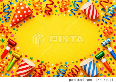 Colorful Party Background with Confetti, Streamers and Empty Space for Text Colorful Party Background with Confetti, Streamers and Empty Space for Text 134954041
