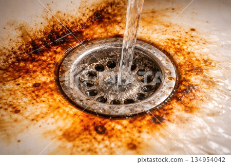Dirty Kitchen Sink Drain with Rust Stains and Running Water Close-Up Dirty Kitchen Sink Drain with Rust Stains and Running Water Close-Up 134954042
