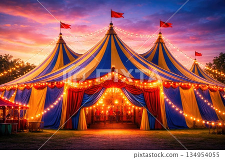 Illuminated Circus Tent with Decorative Lights at Sunset Festival Scene Illuminated Circus Tent with Decorative Lights at Sunset Festival Scene 134954055