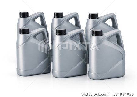 Set of Plastic Motor Oil Canisters Isolated on White Background Set of Plastic Motor Oil Canisters Isolated on White Background 134954056
