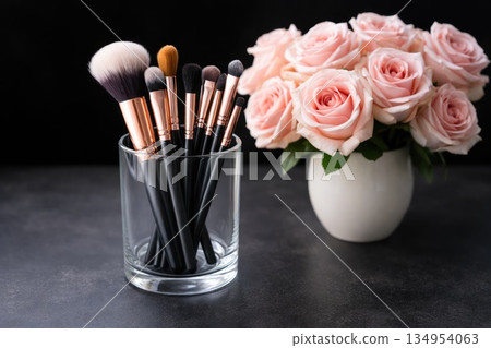 Professional Makeup Brushes in Glass Holder with Pink Roses Professional Makeup Brushes in Glass Holder with Pink Roses 134954063