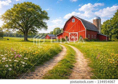 Red Wooden Barn and Country Road in Green Summer Meadow 134954067