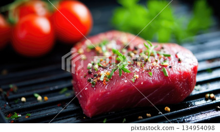 Fresh Tuna Steak with Spices and Herbs on Grill Grate Fresh Tuna Steak with Spices and Herbs on Grill Grate 134954098