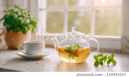 Glass Teapot with Fresh Herbal Tea and Mint Leaves in Bright Kitchen Interior Glass Teapot with Fresh Herbal Tea and Mint Leaves in Bright Kitchen Interior 134954337