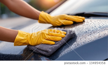 Professional Car Washing and Detailing with Microfiber Cloth 134954358