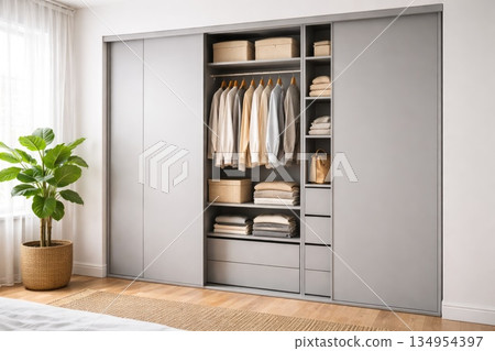 Modern Minimalist Walk-In Wardrobe with Organized Clothes and Storage System 134954397