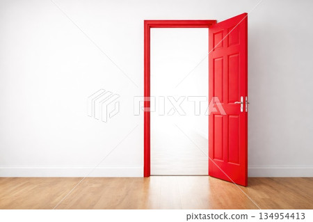 Open Red Door in Minimalist Interior Symbolizing Opportunity and New Beginning Open Red Door in Minimalist Interior Symbolizing Opportunity and New Beginning 134954413