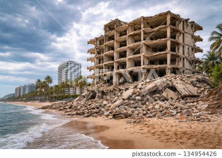 Abandoned Concrete Building Ruins on Tropical Beach Coastline Abandoned Concrete Building Ruins on Tropical Beach Coastline 134954426