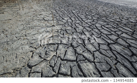 Parched ground revealing drought's harsh impact, cracked terrain symbolizing environmental stress in arid crimean landscape Parched ground revealing drought's harsh impact, cracked terrain symbolizing environmental stress in arid crimean landscape 134954885