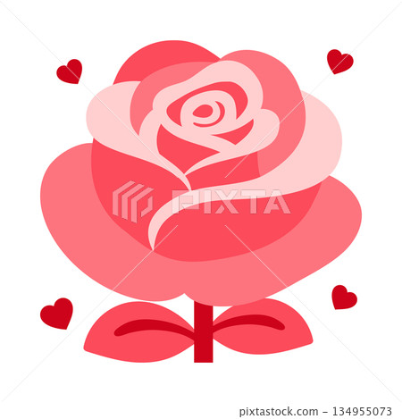 Playful illustration of pink rose with layered petals and floating hearts, Vector style artwork of pink rose with charming floating hearts and vibrant limited palette Playful illustration of pink rose with layered petals and floating hearts, Vector style artwork of pink rose with charming floating hearts and vibrant limited palette 134955073