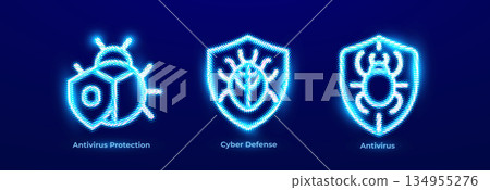 Cyber security antivirus protection cyber defense shield bug icons. Neon glowing malware firewall background for web banner, app, software dashboard. Antivirus solutions graphics. Vector illustration. Cyber security antivirus protection cyber defense shield bug icons. Neon glowing malware firewall background for web banner, app, software dashboard. Antivirus solutions graphics. Vector illustration. 134955276