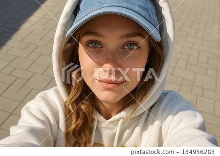 Portrait of Young Woman in Cap and White Hoodie 134956283