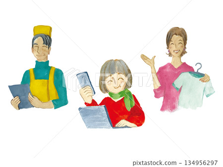 Working smiling senior men and women set watercolor material 134956297
