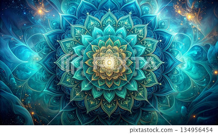 Blue-green and gold mandala 134956454