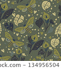 Elegant repeating pattern featuring Manduca sexta moths and Araceae leaves. Perfect for luxury wallpaper, artisanal textiles, and high-end decor. 134956504