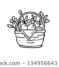 Outline sketch basket with easter eggs and flowers 134956643