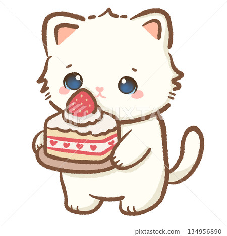 Cute white kitten holding a delicious strawberry shortcake with heart decorations adorable kawaii cat character illustration for celebration birthday and bakery cafe branding Cute white kitten holding a delicious strawberry shortcake with heart decorations adorable kawaii cat character illustration for celebration birthday and bakery cafe branding 134956890