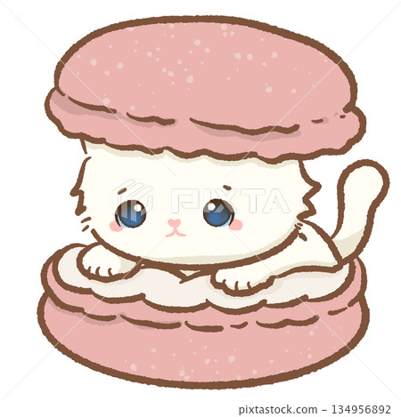 Cute white kitten peeking out from inside a giant pink macaron cookie adorable kawaii cat character illustration for sweet dessert lovers bakery cafe and pastry shop branding Cute white kitten peeking out from inside a giant pink macaron cookie adorable kawaii cat character illustration for sweet dessert lovers bakery cafe and pastry shop branding 134956892