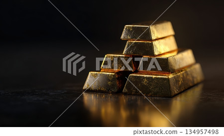 Gold bars stacked on a dark surface in soft light 134957498