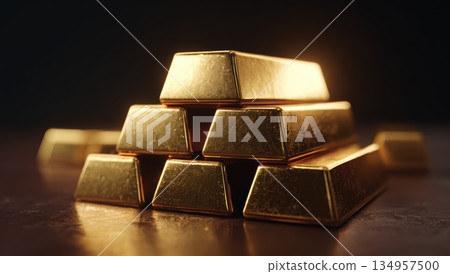 Shiny gold bars stacked in a dimly lit setting 134957500