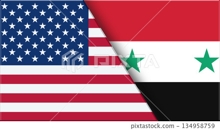 Flags of USA and Syria. American and Syrian National flags on Fabric. Flags of USA and Syria. American and Syrian National flags on Fabric. 134958759
