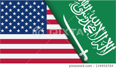 Flags of USA and Saudi Arabia. American and Arabian National flags on Fabric. Flags of USA and Saudi Arabia. American and Arabian National flags on Fabric. 134958784