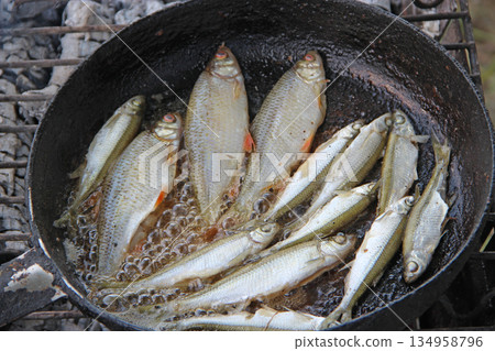 Cooking fresh fish catch. Successful fishing. Delicious dish fried over fire 134958796