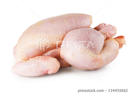 Raw whole chicken isolated on white background. Fresh uncooked poultry meat ready for cooking. High quality photo 134958882