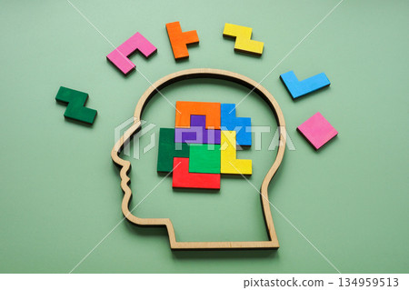 Human head with colorful puzzle pieces. Creative thinking. 134959513